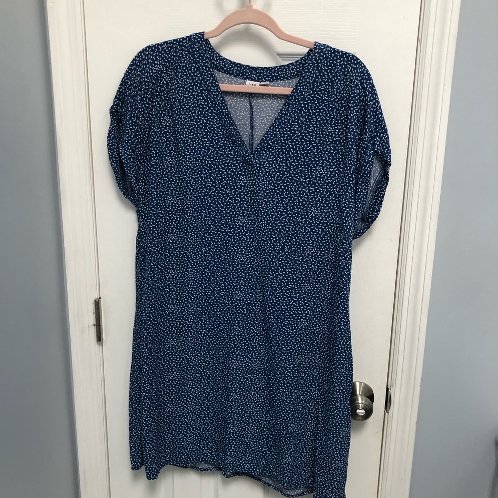 Gap Dress Women’s Large Blue print Short Sleeve Shift VNeck Lagenlook pockets